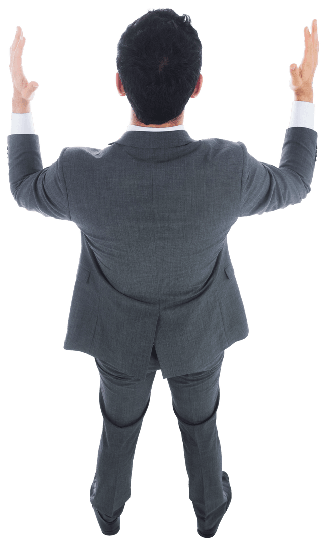 Businessman Raising Hands in Grey Suit on Transparent Background