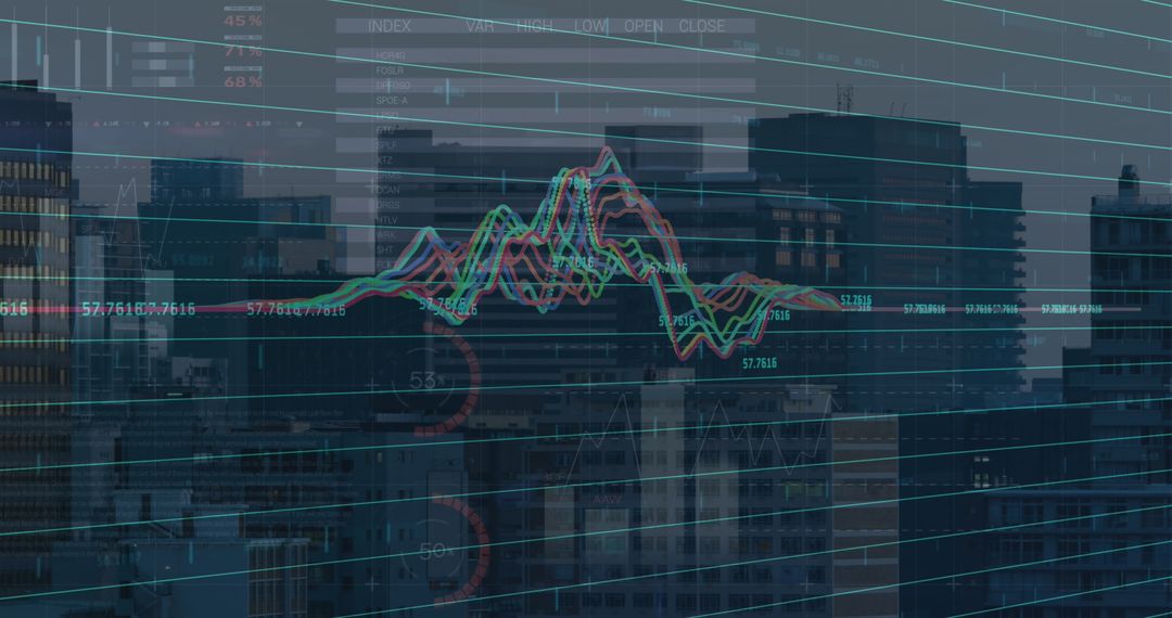 Animated Stock Market Data Over Cityscape