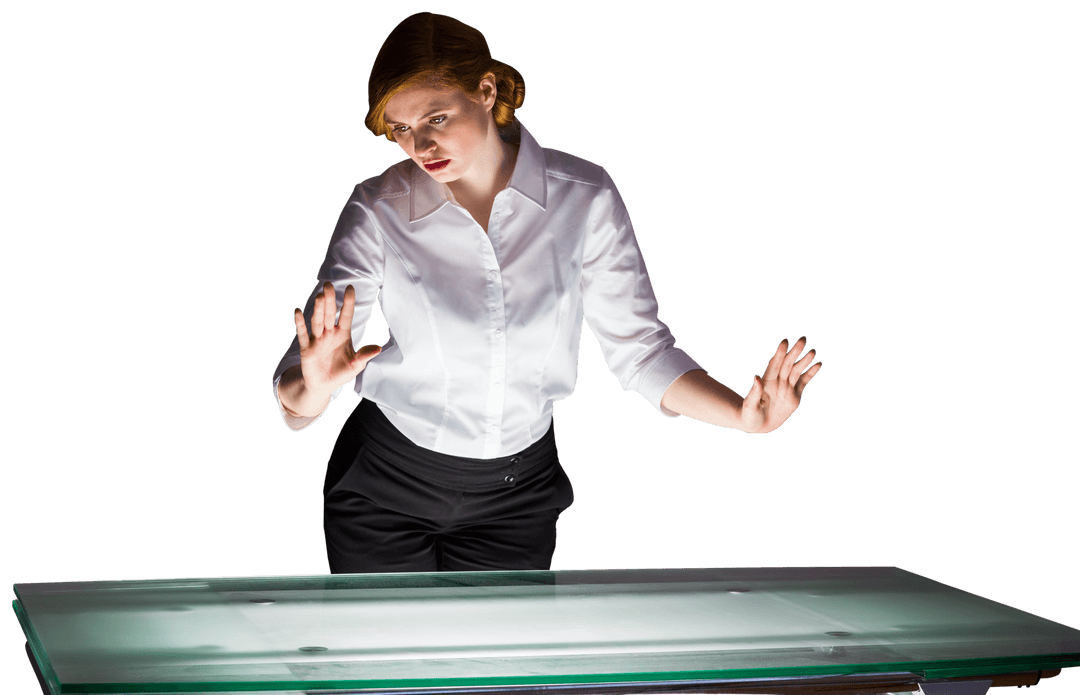 Businesswoman Analyzing Transparent Data Touchscreen