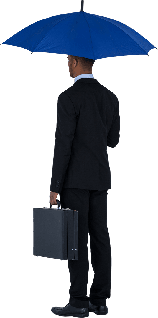 Rear View Businessman Holding Umbrella and Briefcase Transparent Cutout