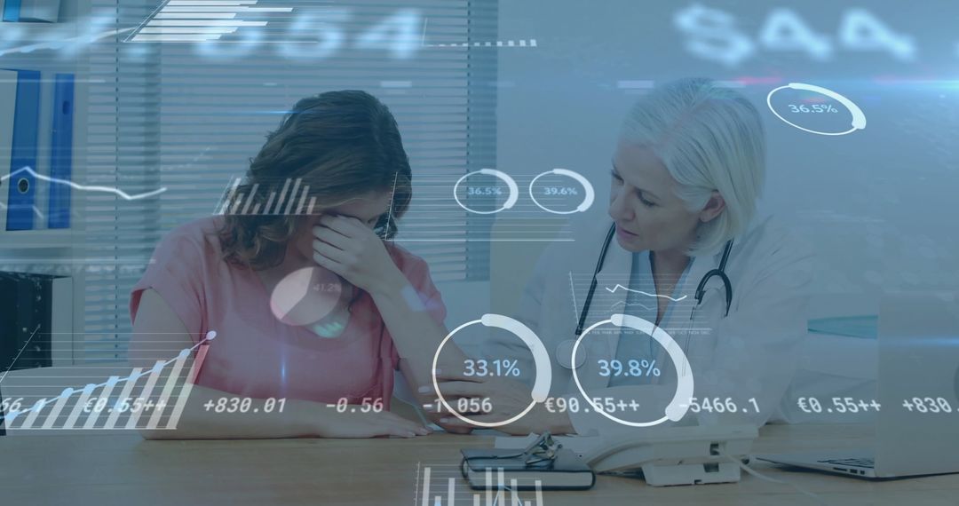 Doctor Supporting Distressed Patient with Chart Data Overlay