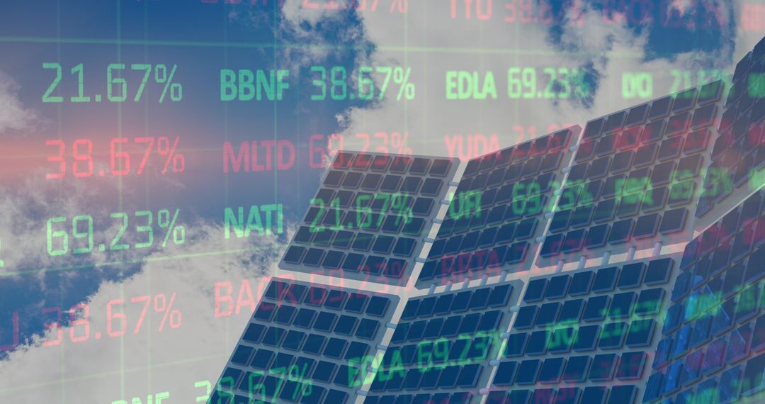 Solar Panels with Digital Grids Reflecting Financial Data