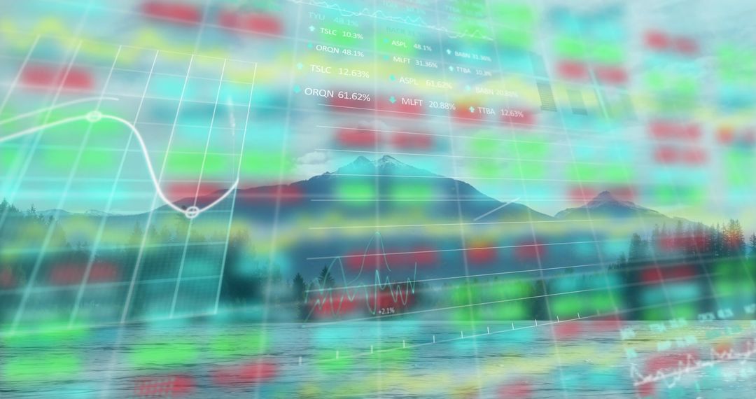 Translucent Stock Market Data Overlay on Serene Lake Landscape
