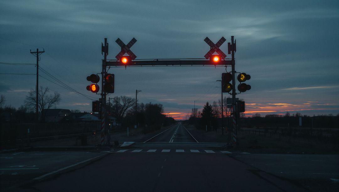 Twilight Railroad Crossing with Safety Signals and Dusk Sky