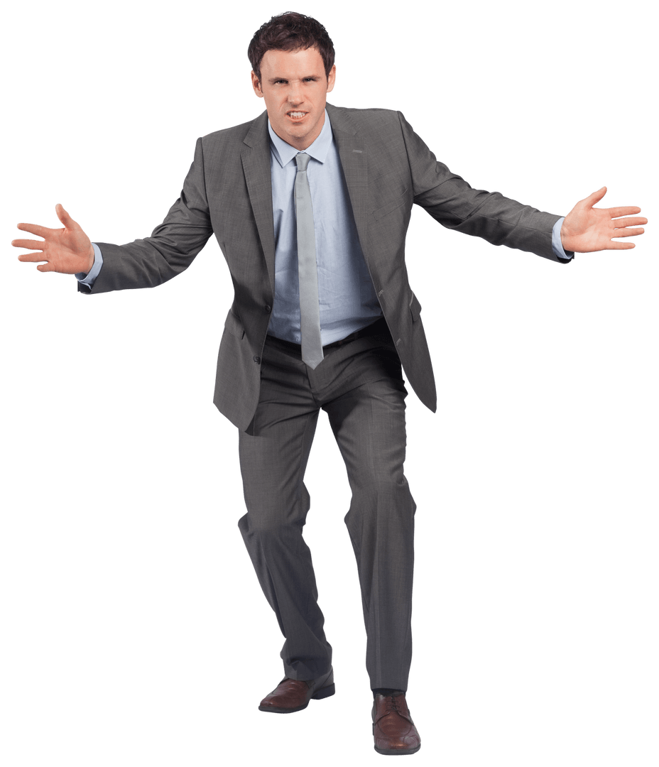 Transparent Businessman Standing with Arms Out, Expressive Gesture