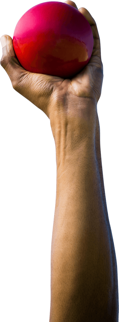 Biracial Athlete's Arm Holding Red Ball on Transparent Background