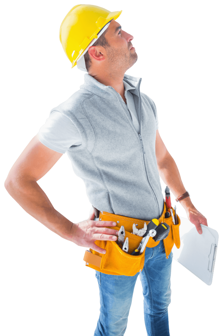 Confident Worker with Tools and Blueprint Transparent