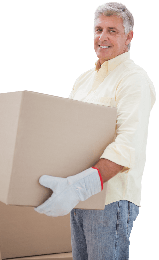 Smiling Mature Man Holding Box on White Background for Transparent Use