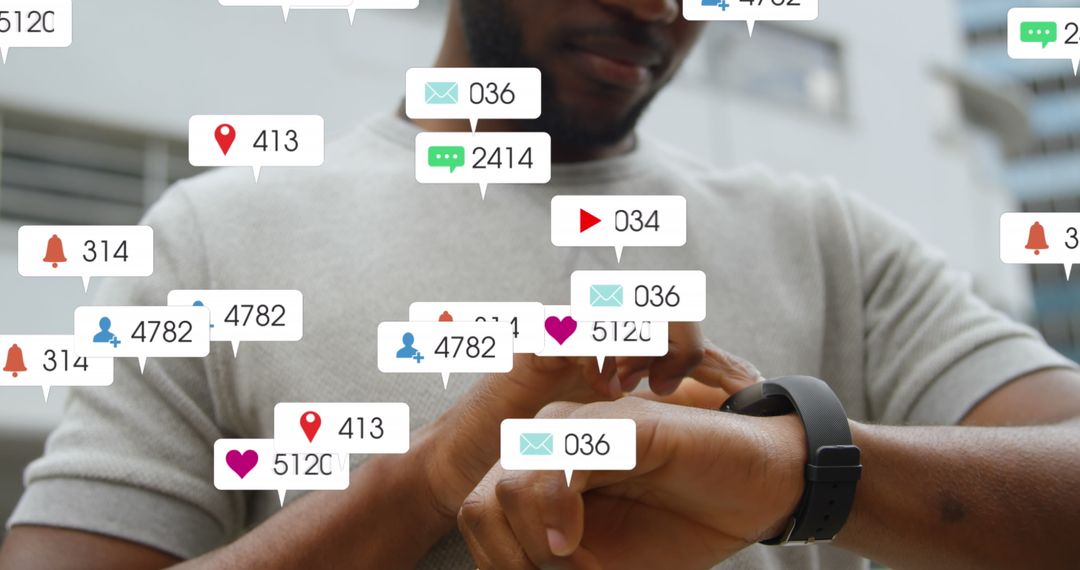 Man Engaged with Social Media Icons on Smartwatch Outdoor