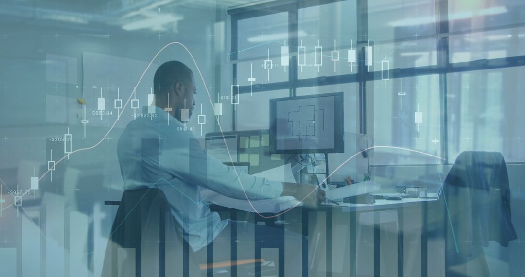 Analyzing Financial Data: Businessman Surrounded by Digital Information