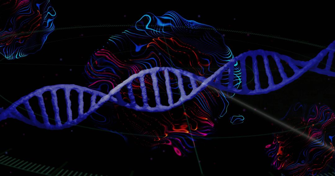 Futuristic DNA Helix with Neon Waveforms in Digital Space