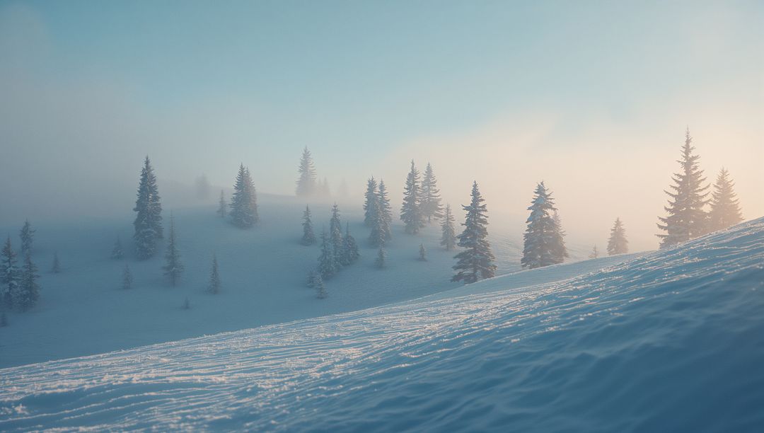 Tranquil Winter Morning in Snowy Pine Forest