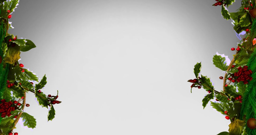 Christmas Frame with Holly and Berries on Grey Background