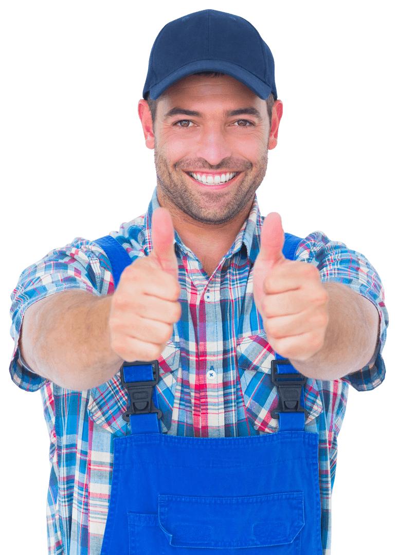 Cheerful Repairman in Casual Attire Gesturing Thumbs Up Transparent