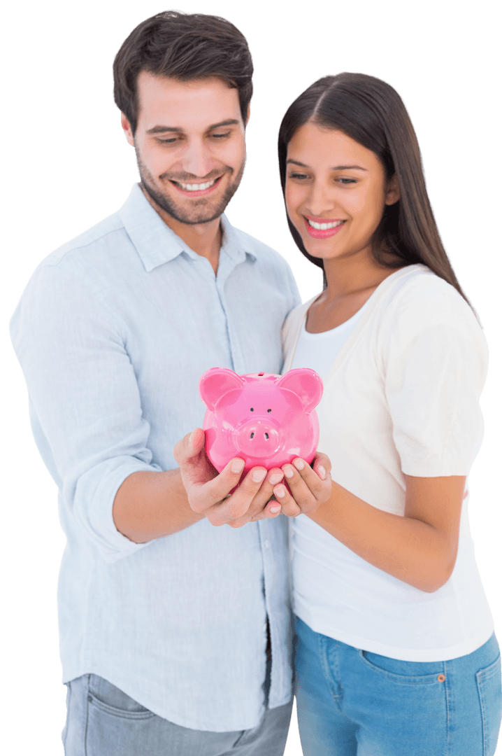 Smiling Couple Holding Pink Piggy Bank Transparent Background