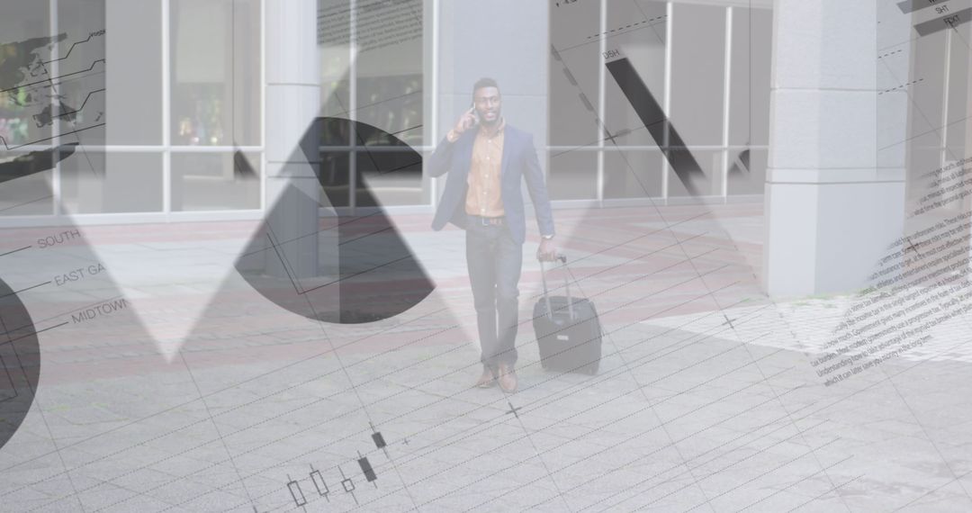 Businessman Analyzing Data While Traveling with Luggage Outdoors