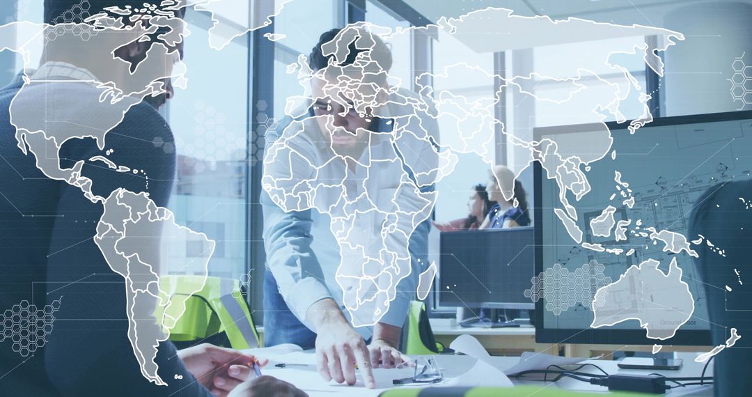 Engineer Studying Blueprints with Augmented Reality World Map Overlay in Office