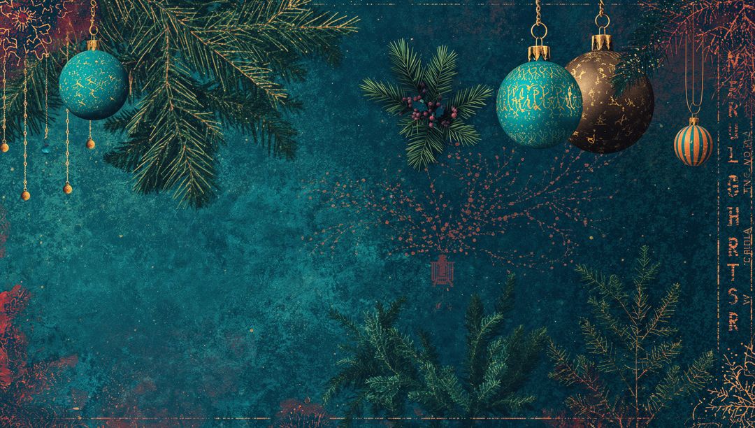 Festive Pine Branches and Baubles on Elegant Teal Backdrop
