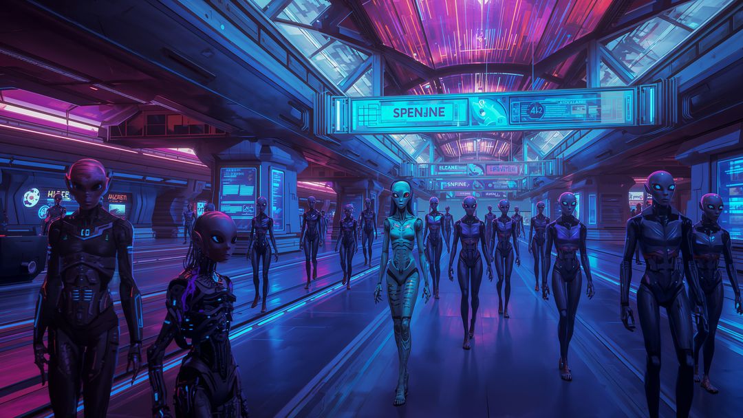 Futuristic Humanoid Androids Walking in Neon-Lit Corridor