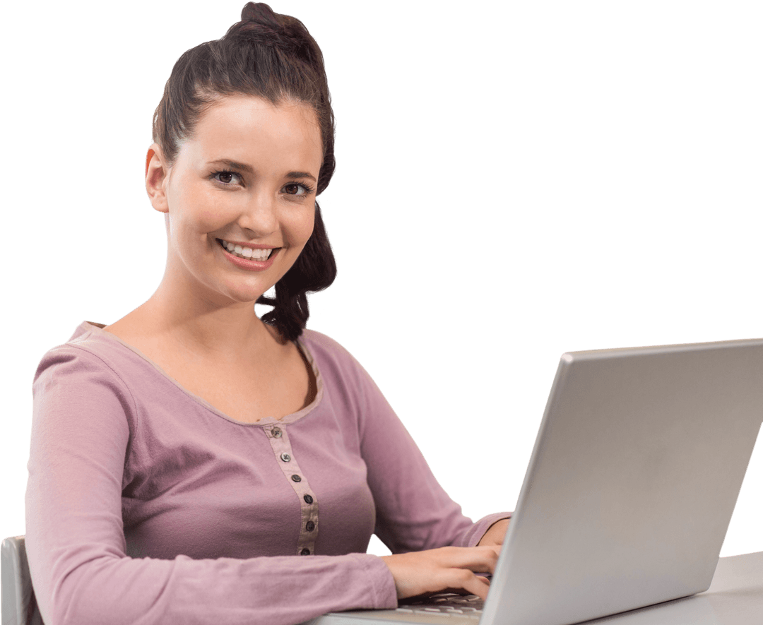 Smiling Woman Using Laptop on Transparent Background