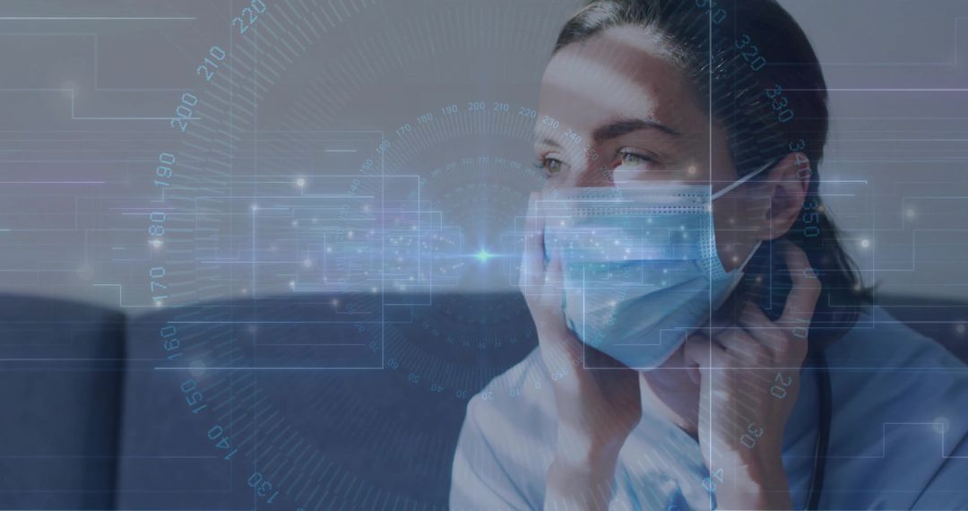 Nurse Adjusting Mask with High-Tech Overlay Background