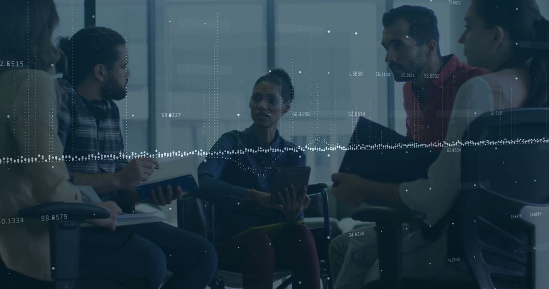 Team Meeting with Digital Financial Data Overlay
