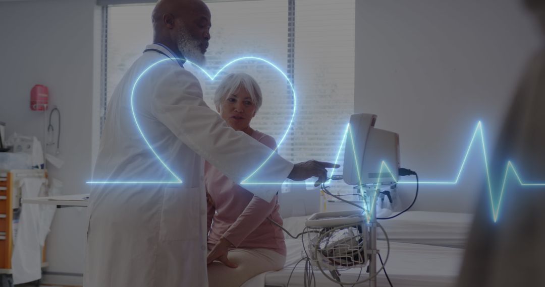 Doctor With Patient Discussing Heart Health Technology Overlay