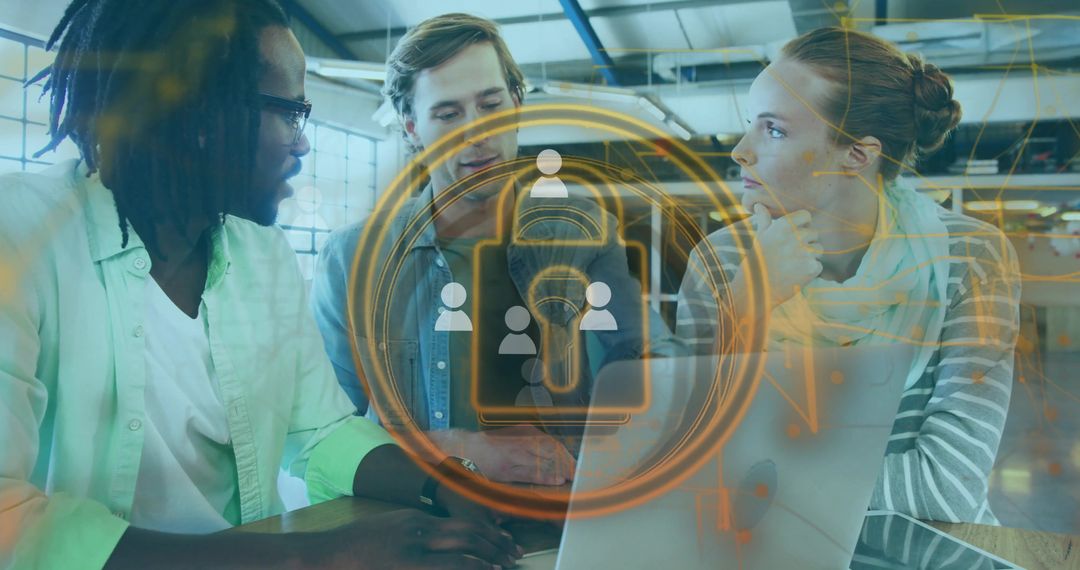 Team Analyzing Cybersecurity Hologram in Modern Office