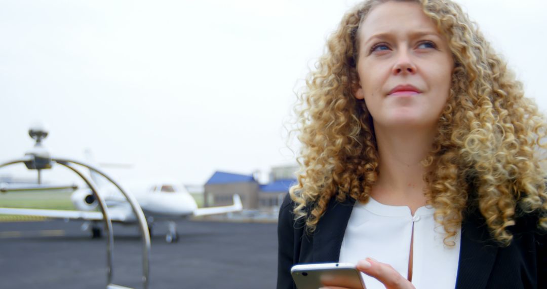 Confident Businesswoman Using Smartphone Near Private Jet