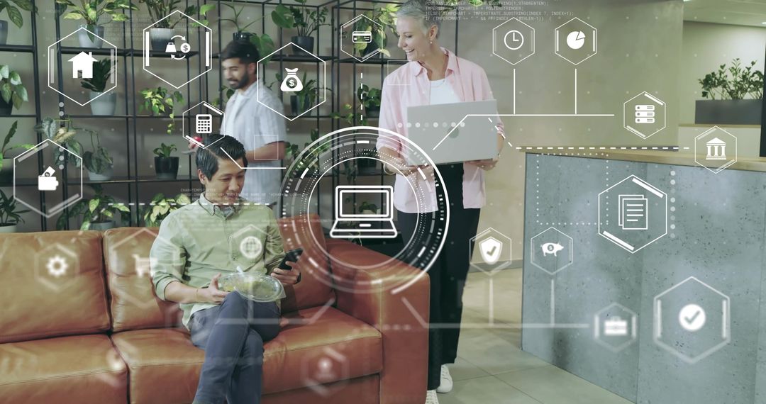 Innovative Workspace with Multi-Tasking Professionals and Holographic Technology