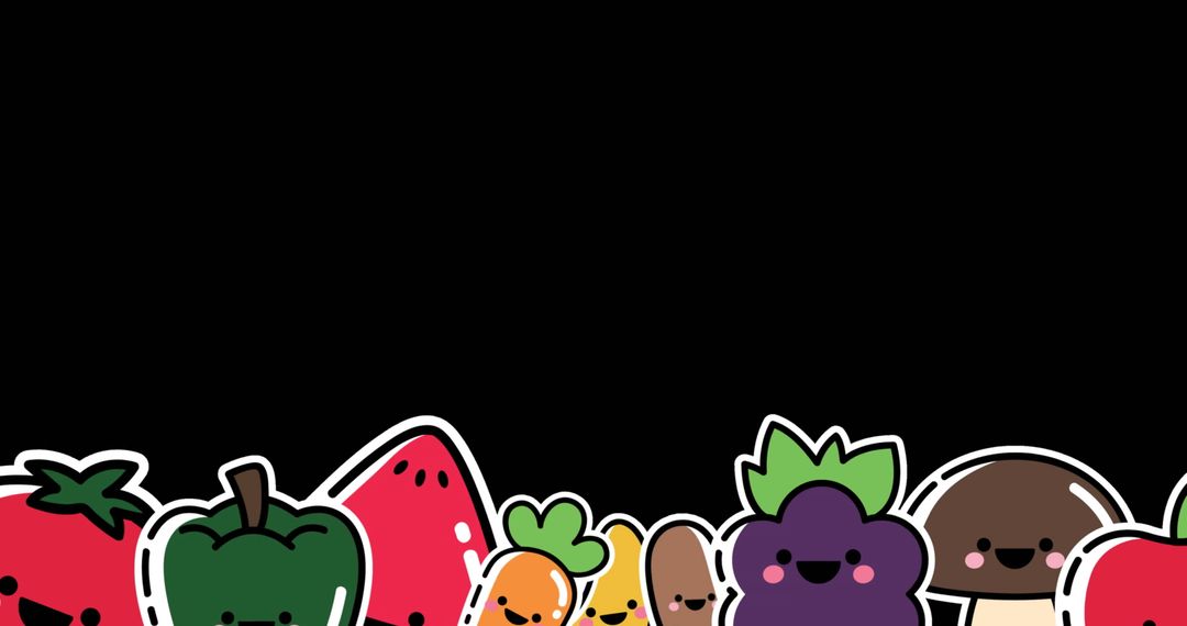 Cute Animated Vegetables with Black Background for Vegan Concepts