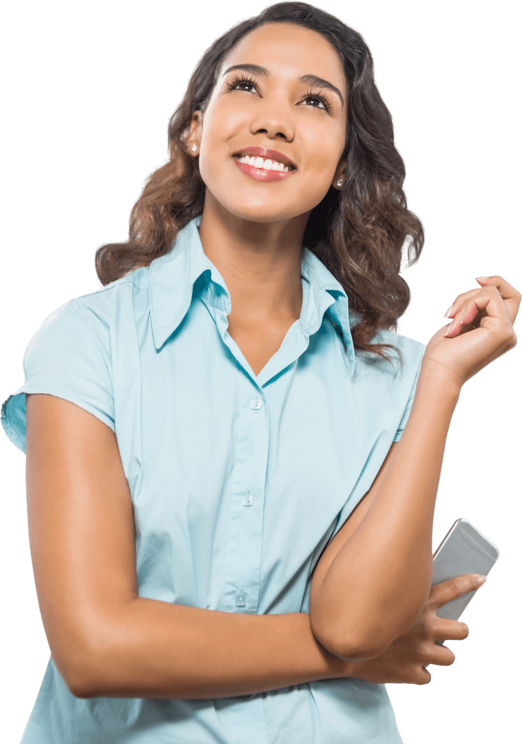 Transparent Smiling Woman Holding Smartphone Looking Up