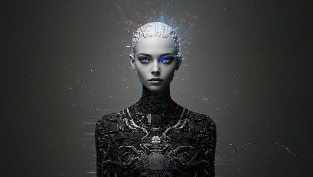 Futuristic AI Robot with Glowing Eyes in a Digital Lab