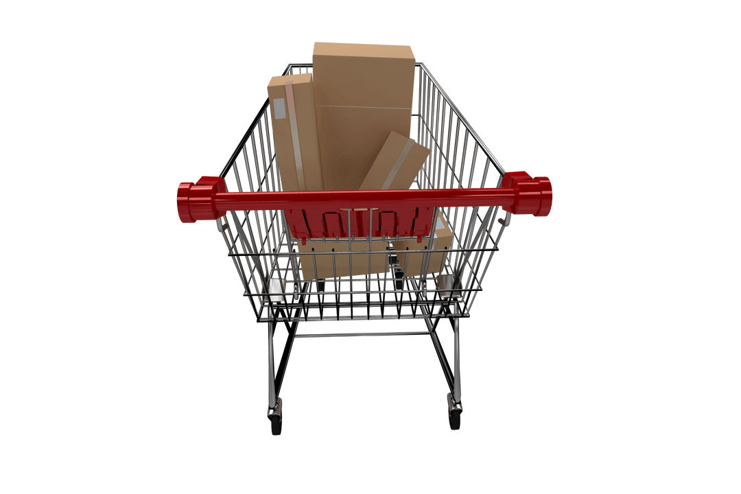 Transparent Background Shopping Cart With Cardboard Boxes