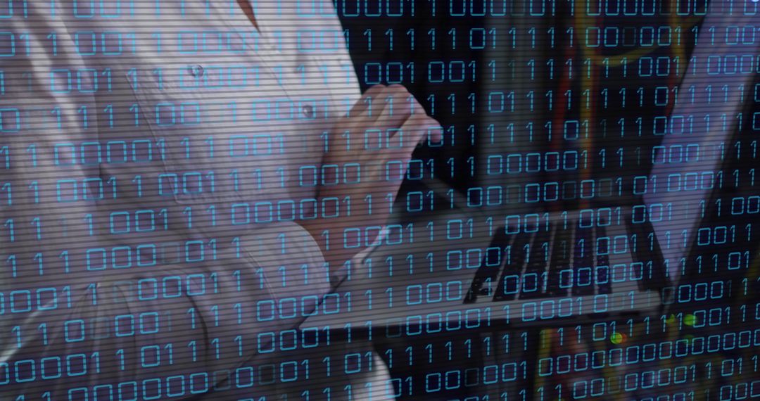 Woman Using Tablet Amidst Binary Data Overlay in Server Room