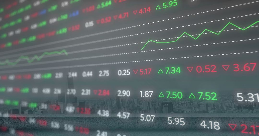 Dynamic Digital Stock Market Display Over Cityscape