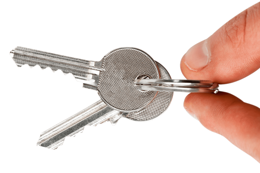 Hand Holding Set of Transparent Silver Keys on Chain