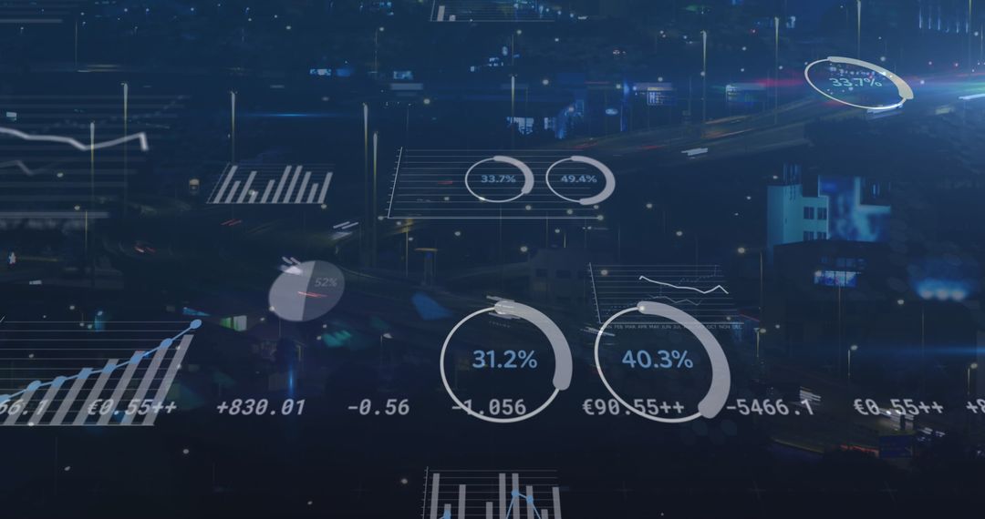 Digital Graphs and Data Charts Overlay on Urban Nightscape