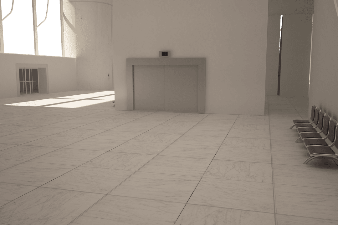 Transparent Airport Interior with Elevator and Waiting Area