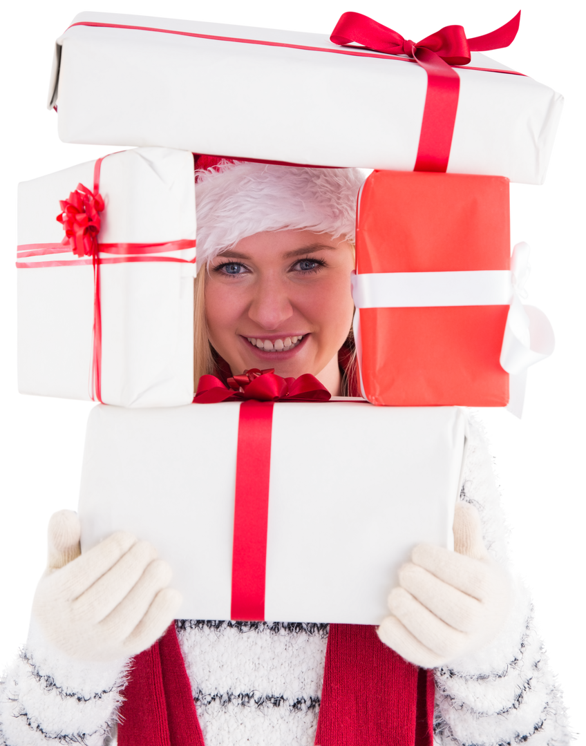 Festive Woman with Transparent Background Holding Presents Waaing Santa Hat - Download Free Stock Images Pikwizard.com