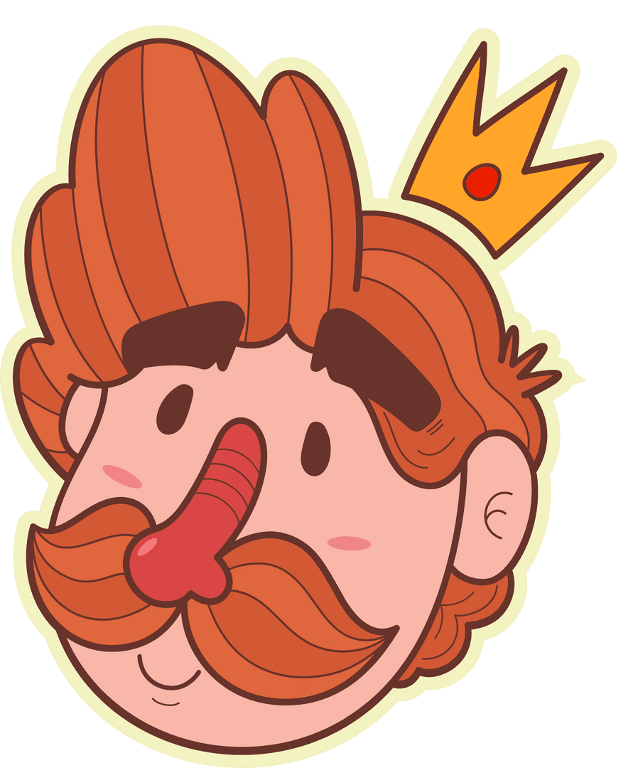 Whimsical Cartoon King with Red Mustache on Transparent Background