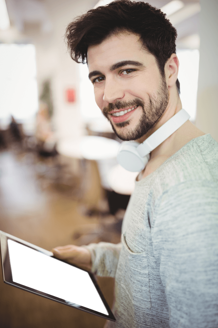 Transparent Office Worker Smiling with Tablet