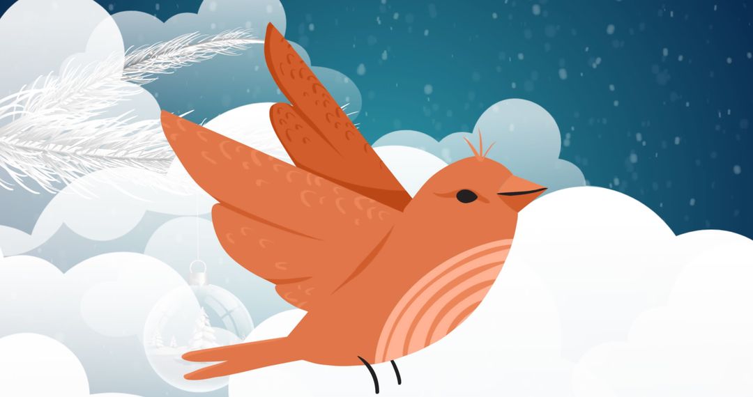 Whimsical orange bird gliding through a dreamy sky