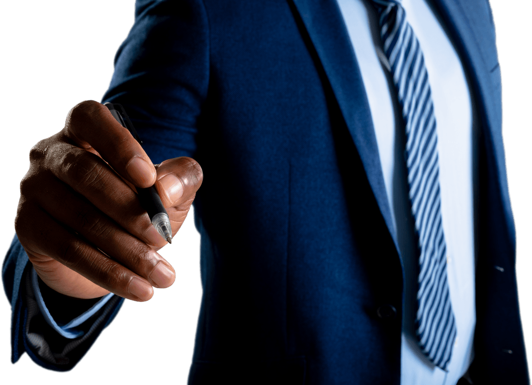 Businessman Writing on Transparent Virtual Screen in Suit