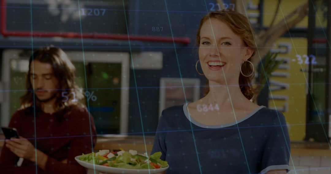 Smiling Woman Granting Fresh Salad with Digital Data Overlay