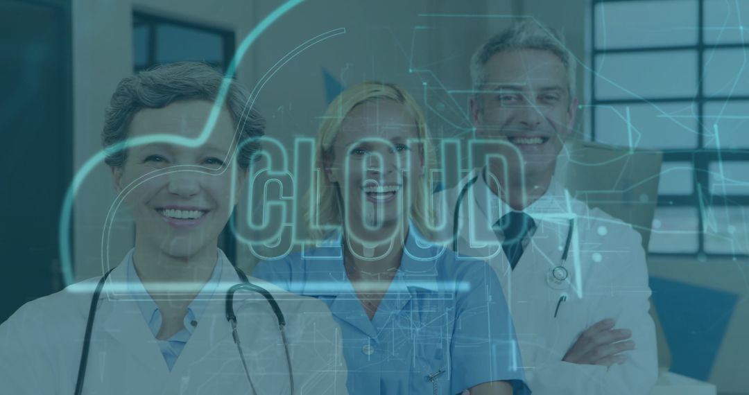 Smiling Healthcare Professionals Embracing Cloud Computing in Hospital