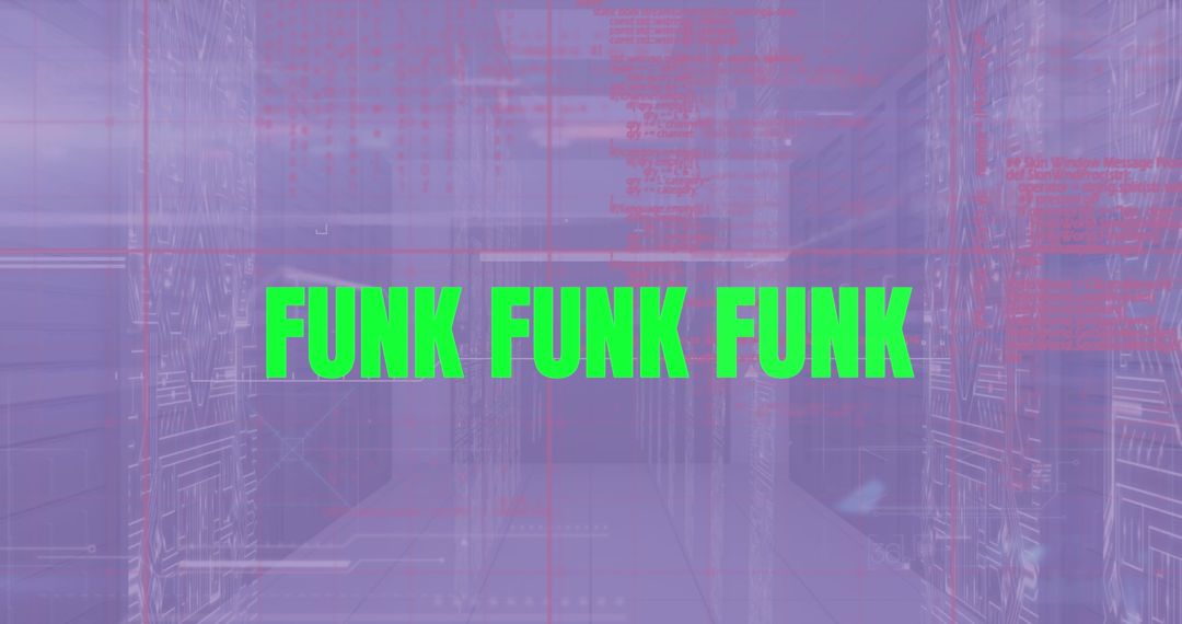 Futuristic Funk Text Overlay on High-Tech Server Room
