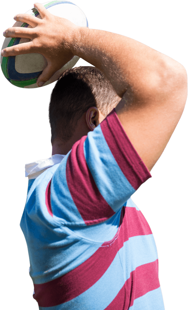 Caucasian Rugby Player Holding Ball Overhead Transparent Background