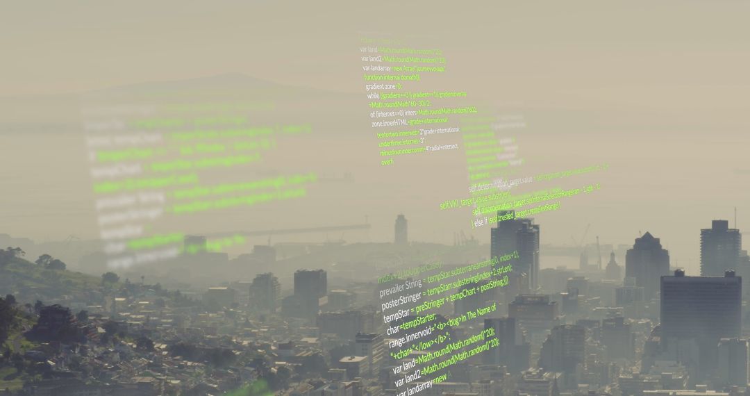 Digital Code Overlay on Urban Cityscape in Fog