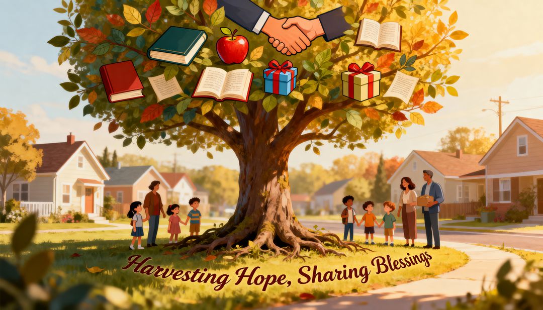Harvesting Hope, Sharing Blessings neighbors sharing books and gifts under community tree
